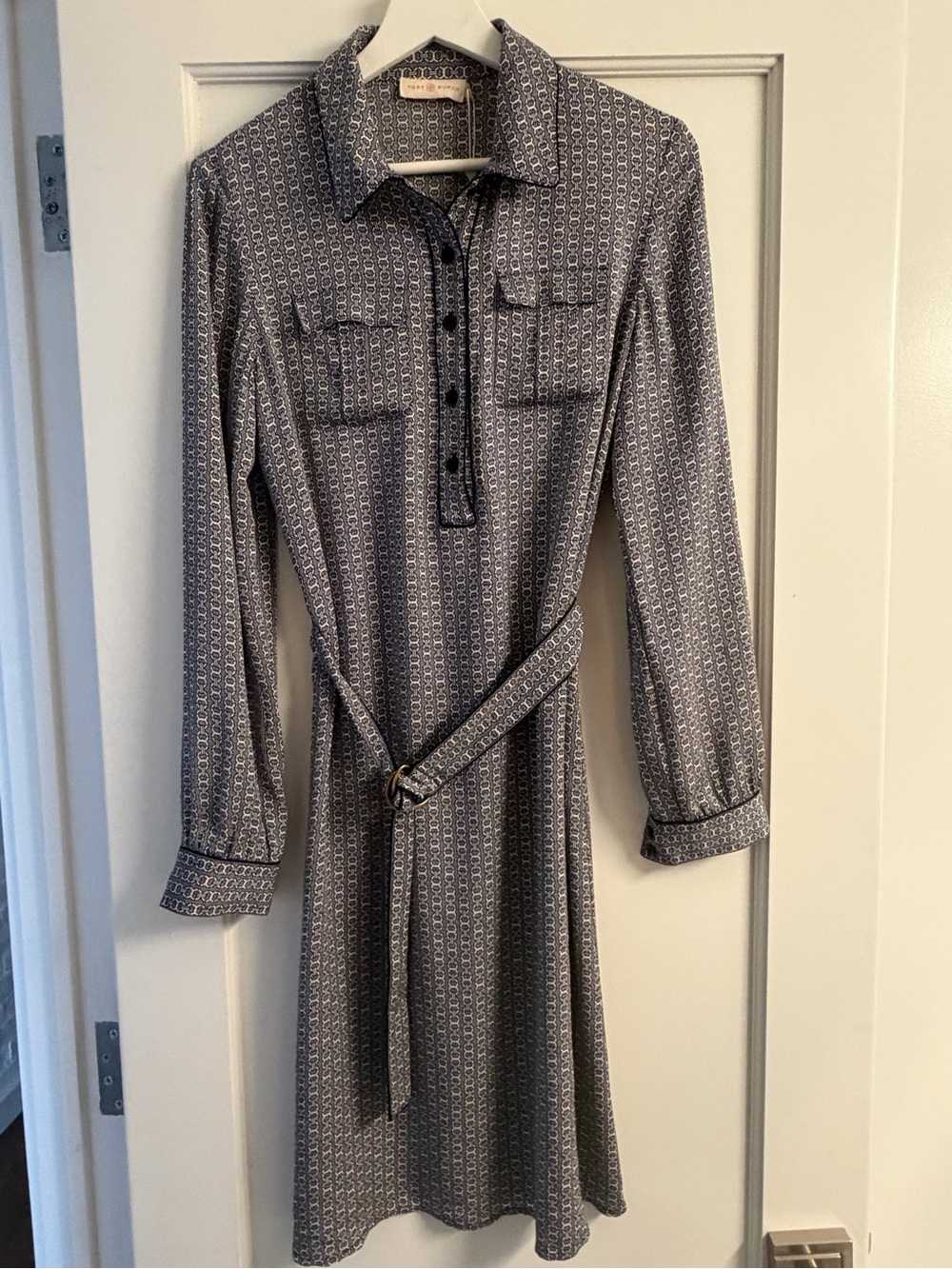 Tory Burch Navy and White Long-Sleeve Shirt Dress